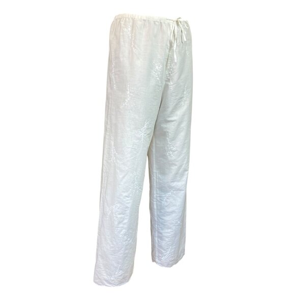 Neiman Marcus White Cotton Embroidered Pull-On Drawstring Wide Leg Pant S #99T - Picture 2 of 7